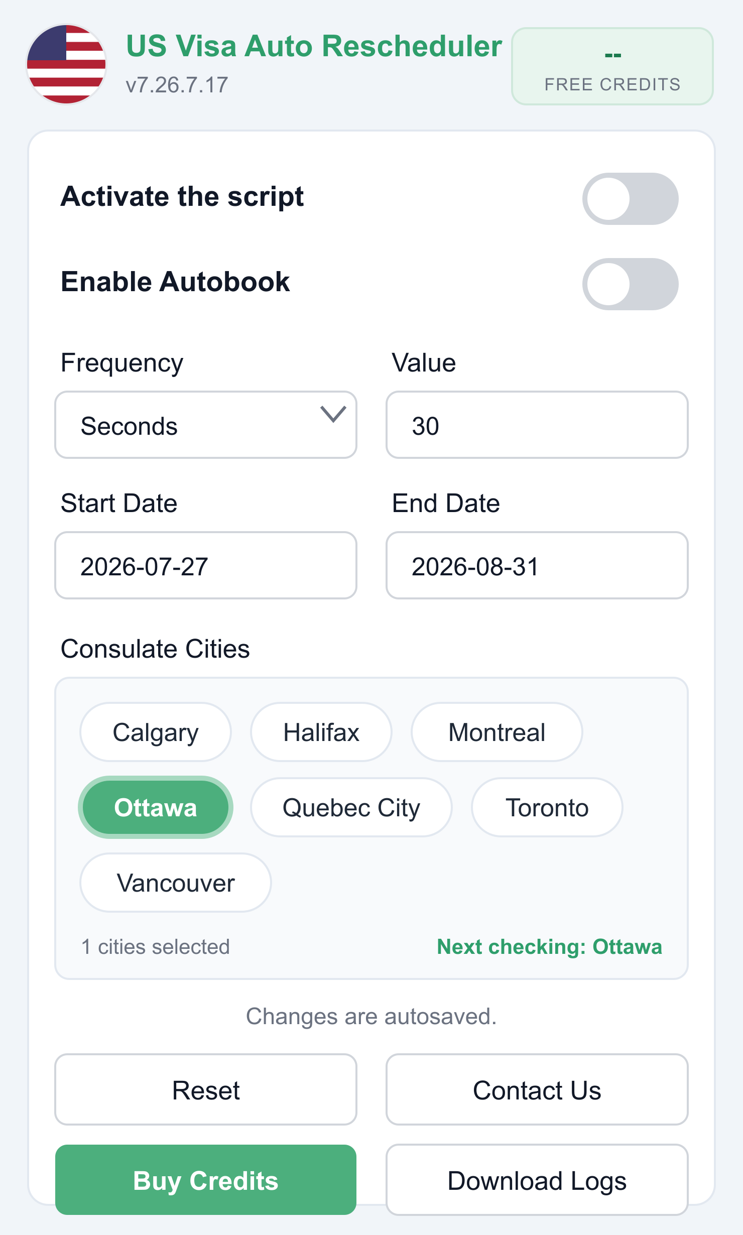 AIS extension popup with date window set and Ottawa selected as consulate city