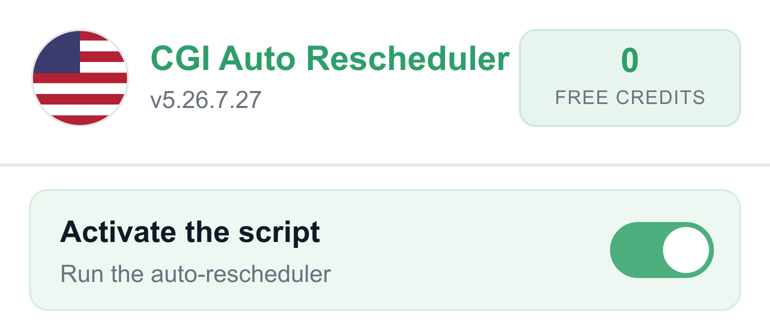 CGI Auto Rescheduler popup with the Activate the script toggle switched on