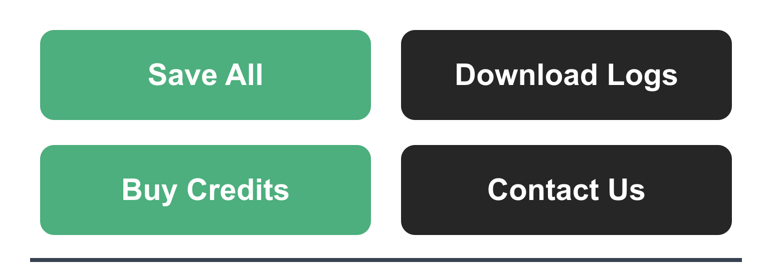 Save All, Buy Credits, Download Logs and Contact Us buttons at the bottom of the extension popup