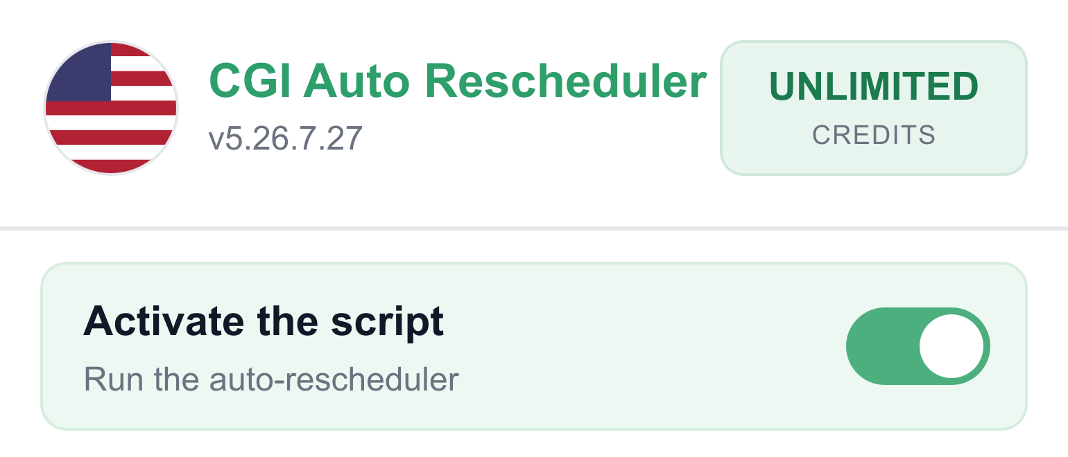 CGI Auto Rescheduler popup showing UNLIMITED CREDITS after successful payment