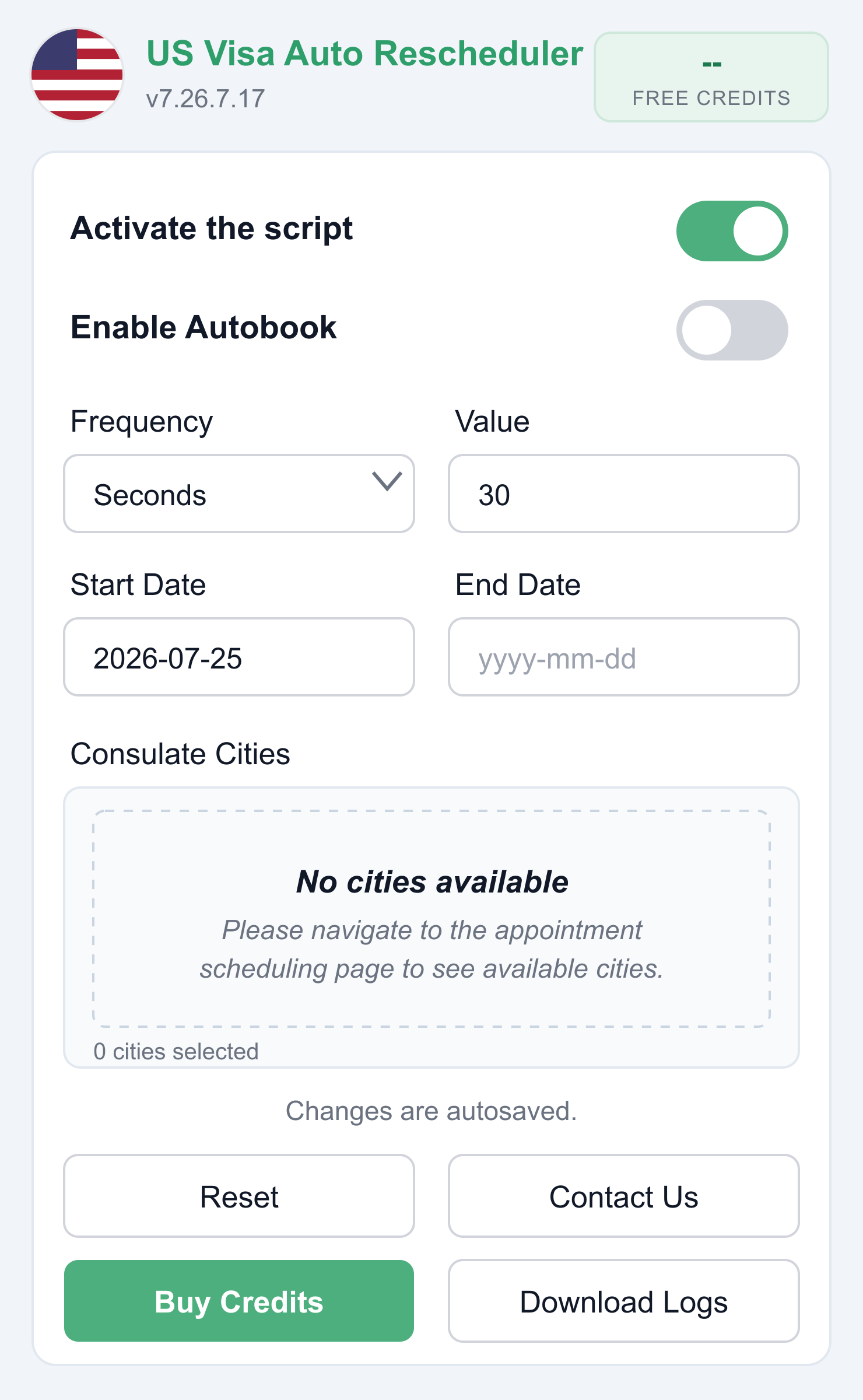 US visa rescheduler extension popup with frequency, start date and end date fields
