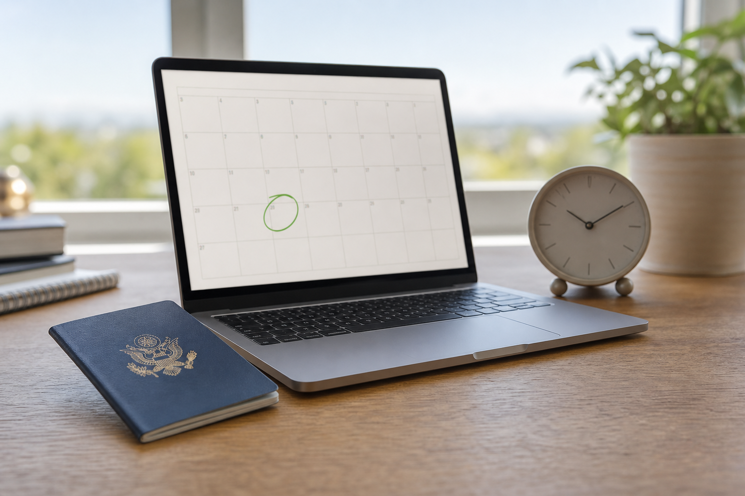 US passport beside a laptop showing a calendar with an earlier date circled