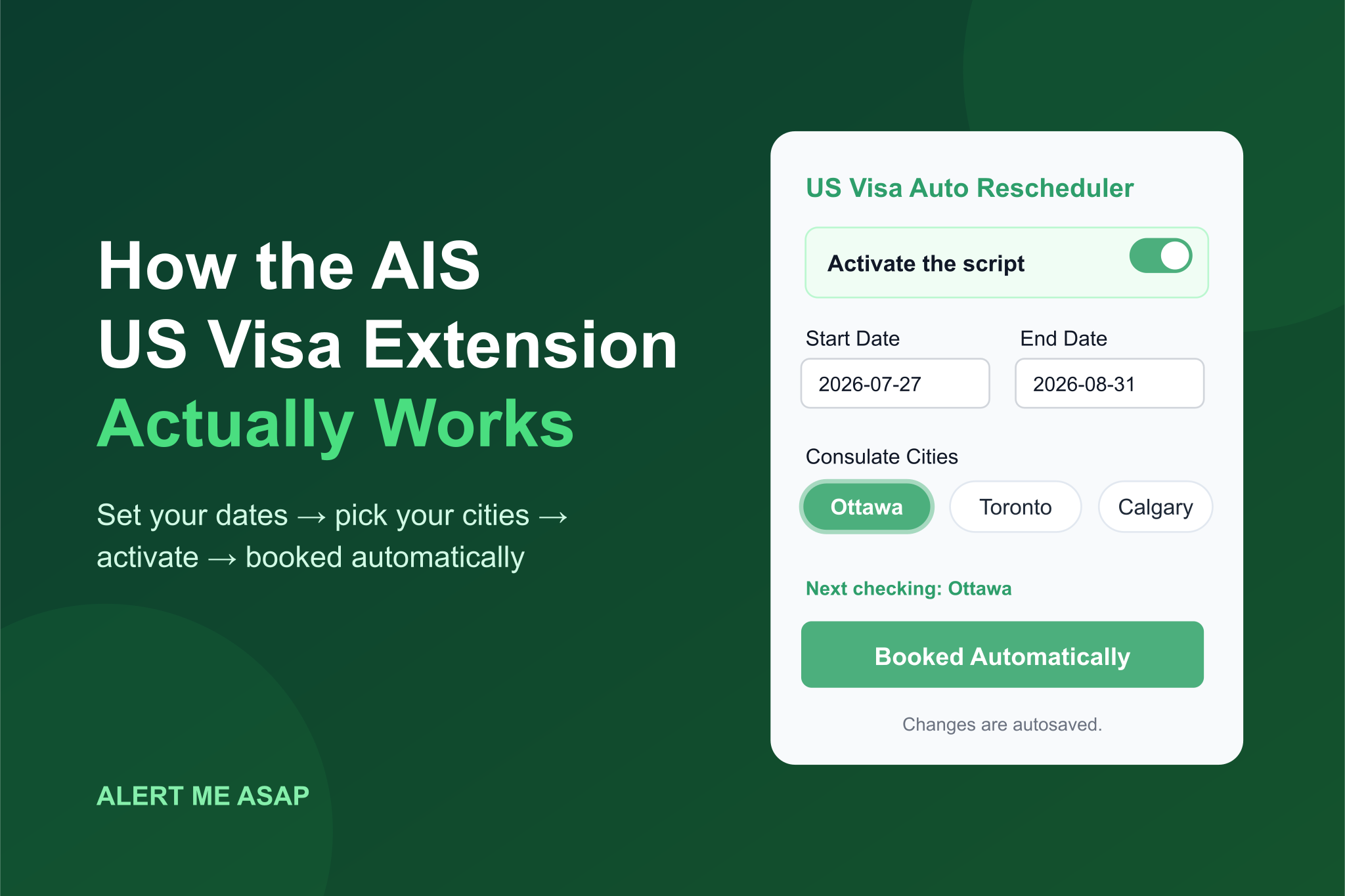 Illustration of the AIS US visa extension popup with date window, consulate cities and automatic booking