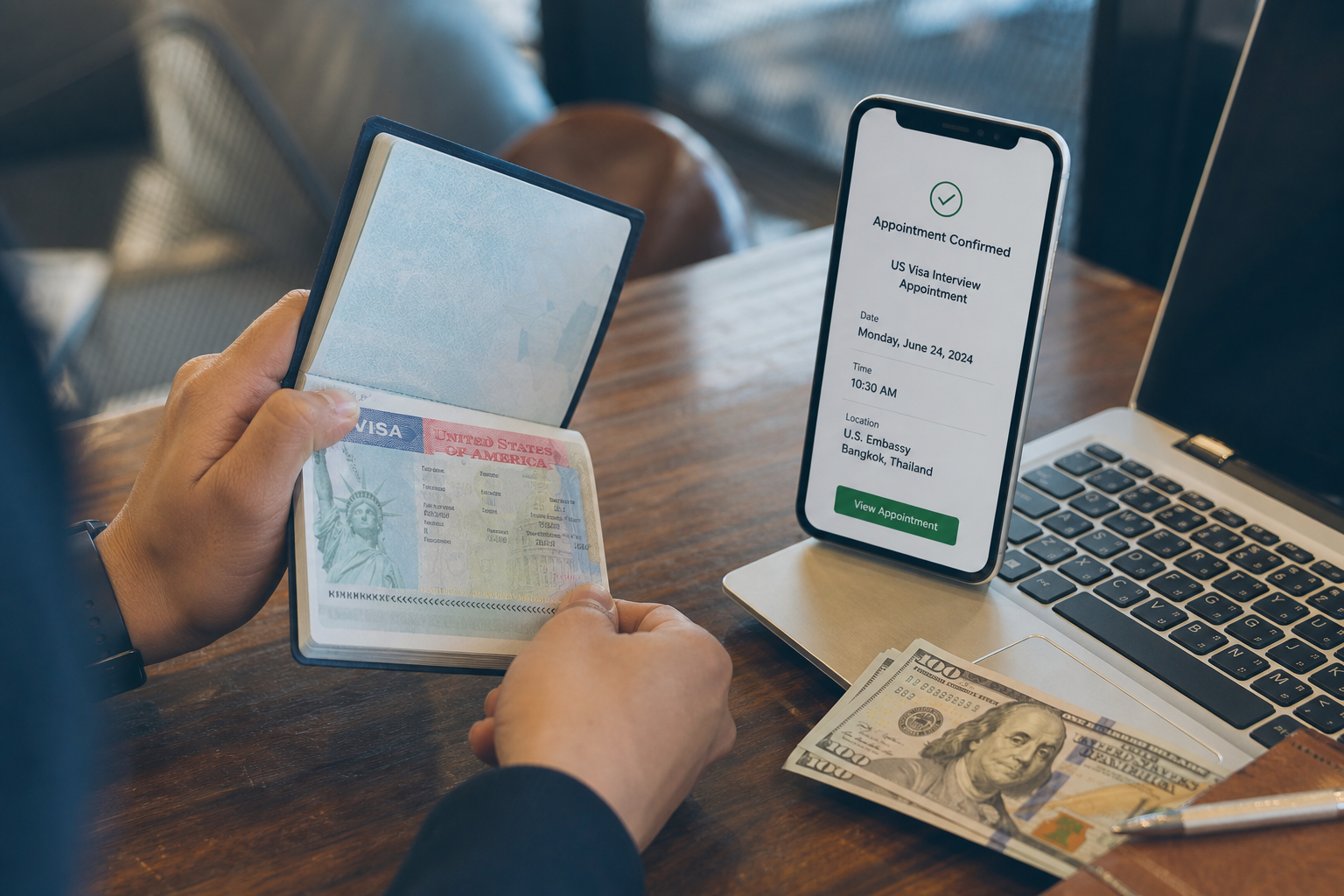 Traveler holding a passport and boarding pass next to a US visa interview appointment confirmation on a laptop