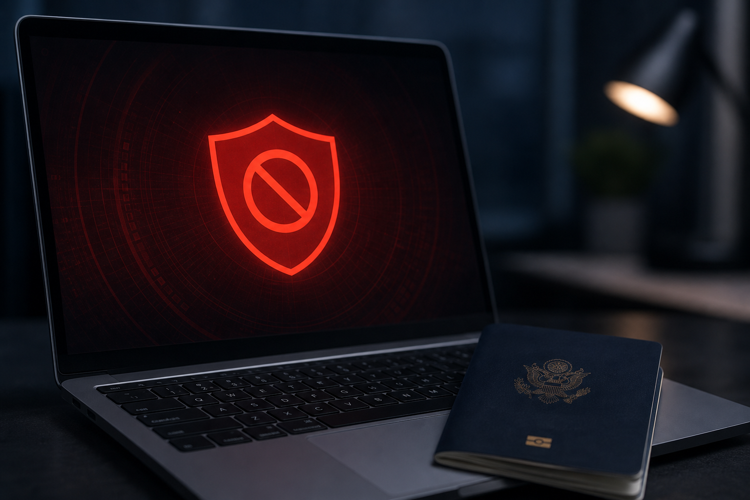 Laptop screen showing a red blocked shield next to a US passport